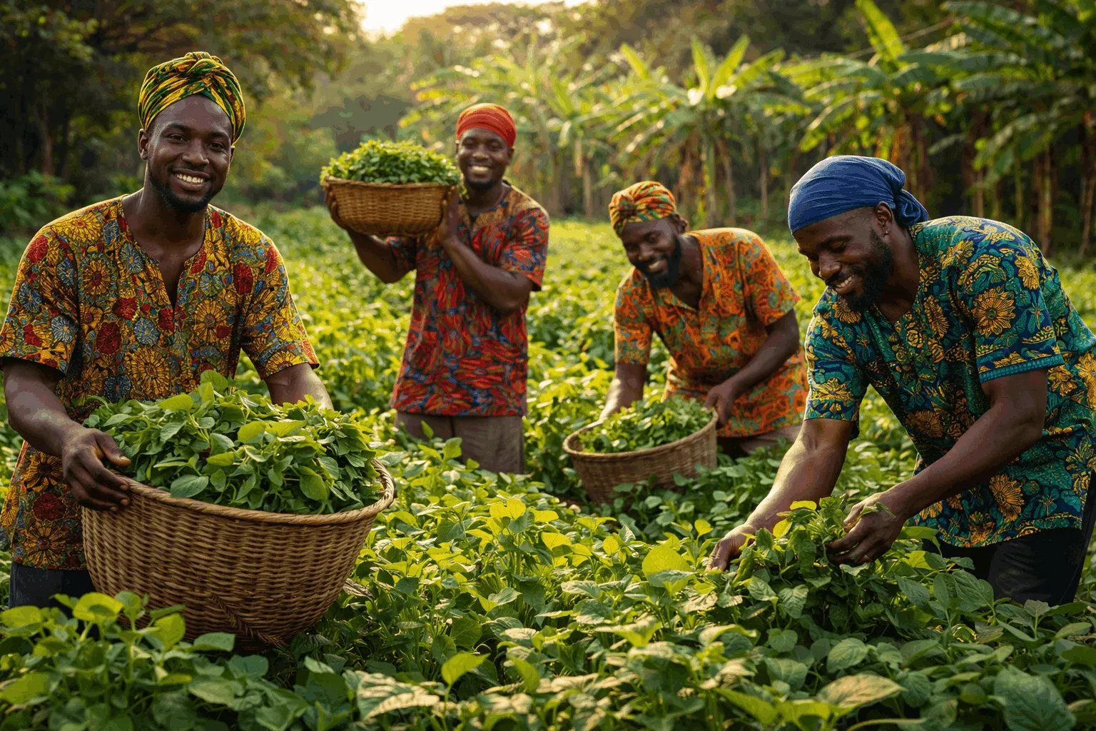 People gathering leafy greens in an African field