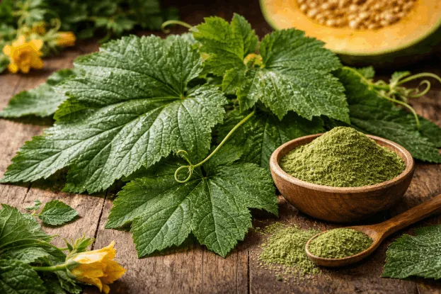 Large green leaves, pumpkin and leaf powder in wooden bowls