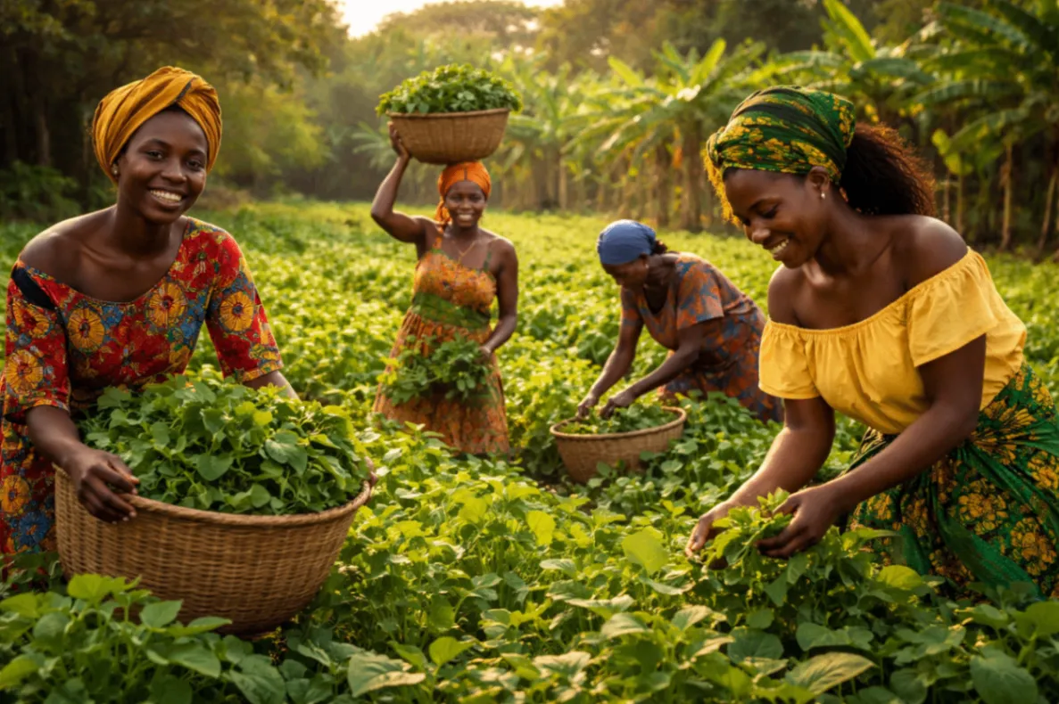 Women gathering leafy greens in an African field
